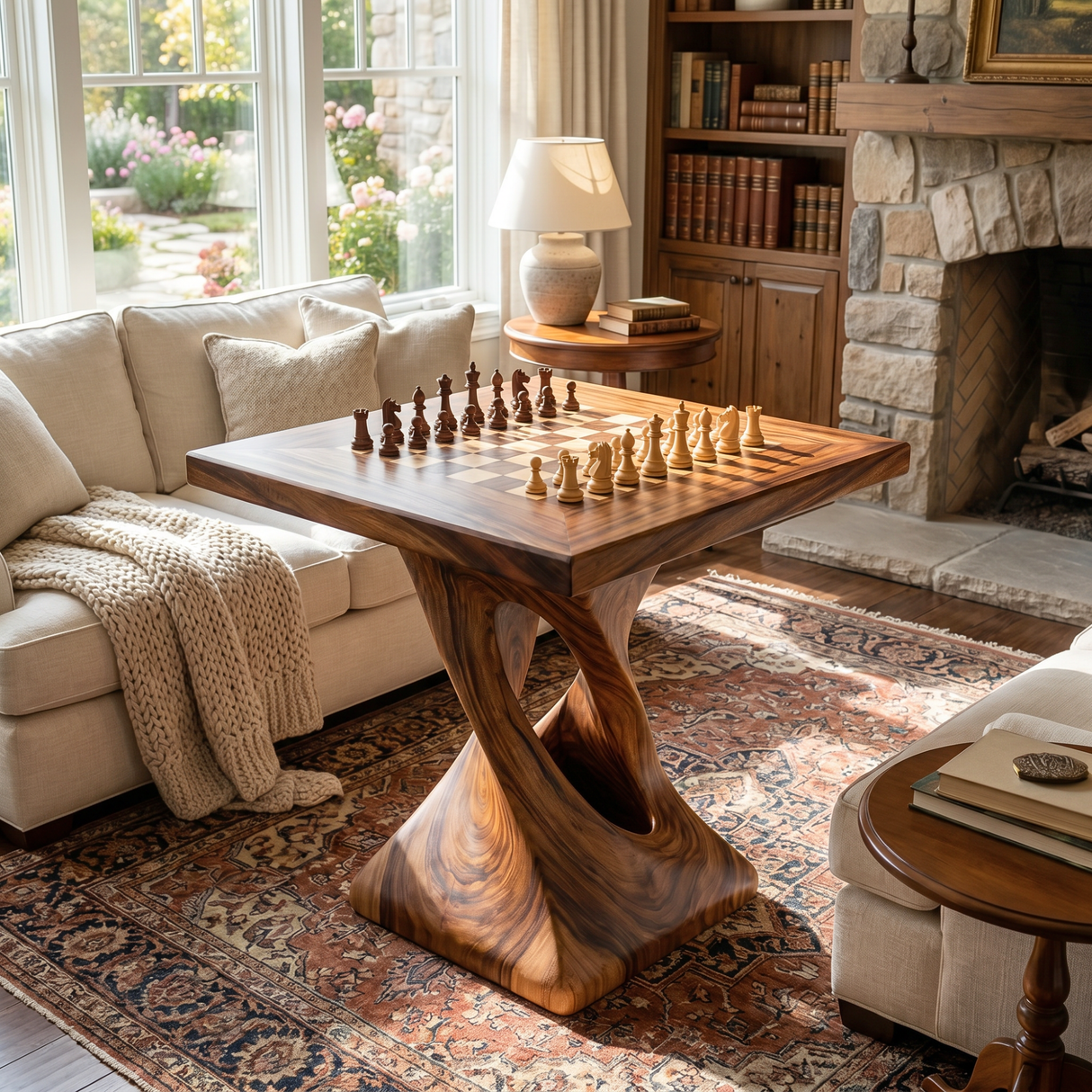 Handcrafted Solid Wood Chess Table with Sculptural Twisted Pedestal Base