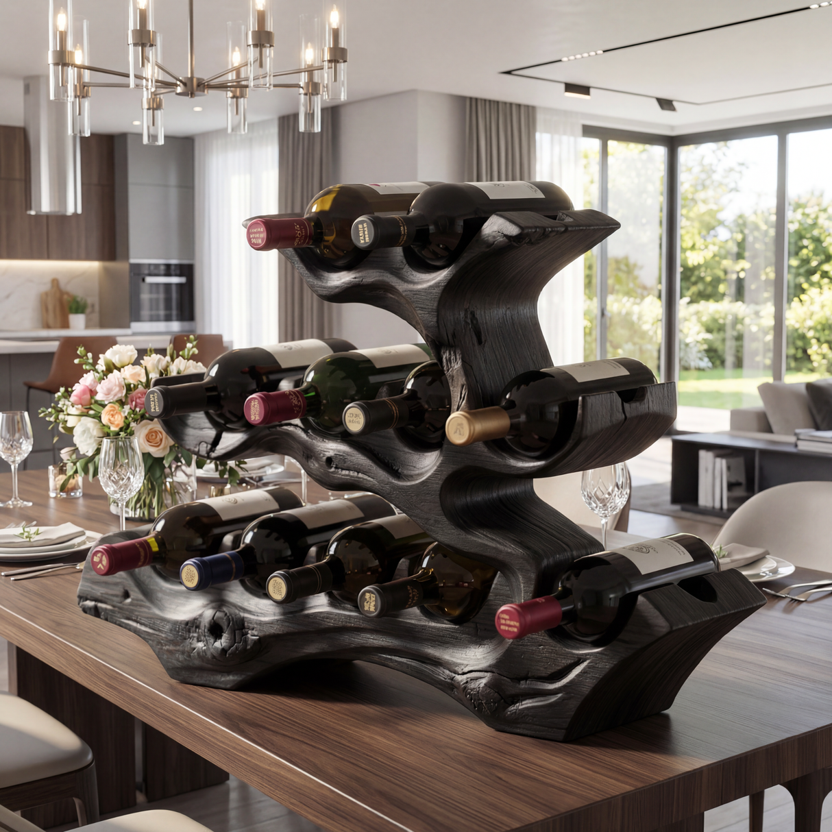 Multi Tier Solid Wood Wine Rack with Organic Sculptural Form Rustic Bottle Holder