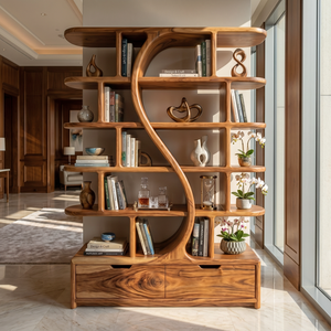 Organic Solid Wood Bookshelf with S Curve Divider and Base Drawers