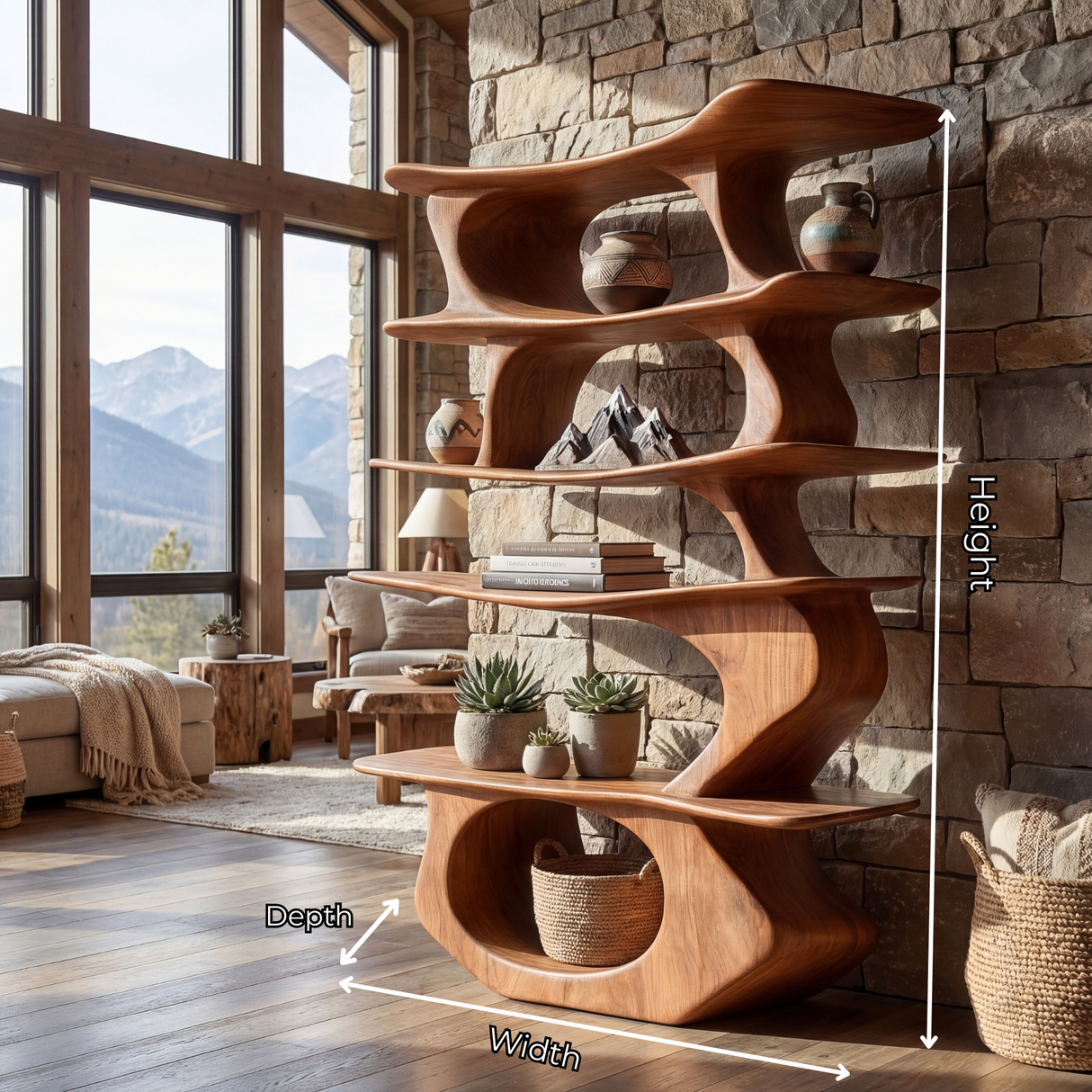 Sculpted Vertical Wood Display Shelf with Floating Asymmetrical Tiers