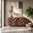 Sideboard Solid Wood with Sculptural Wave Carved Doors for Living Room Decor