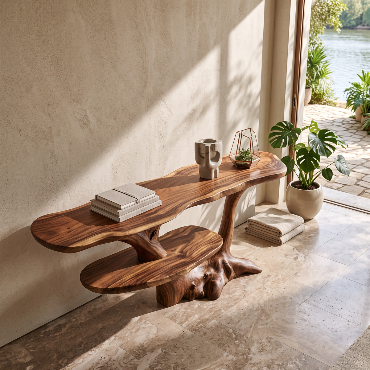 Sculptural Solid Wood Console Table with Organic Root Frame and Display Shelf