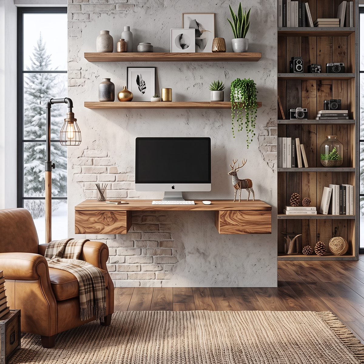 Wall Mounted Solid Wood Desk with Floating Drawers and Natural Wood Grain