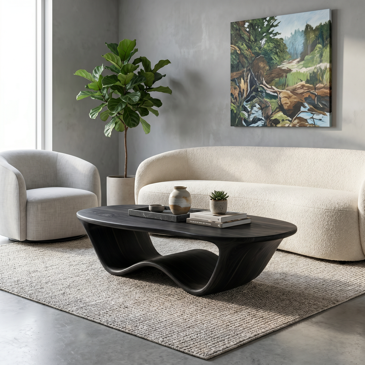 Coffee Table Solid Wood with Flowing Wave Sculptural Base for Living Room