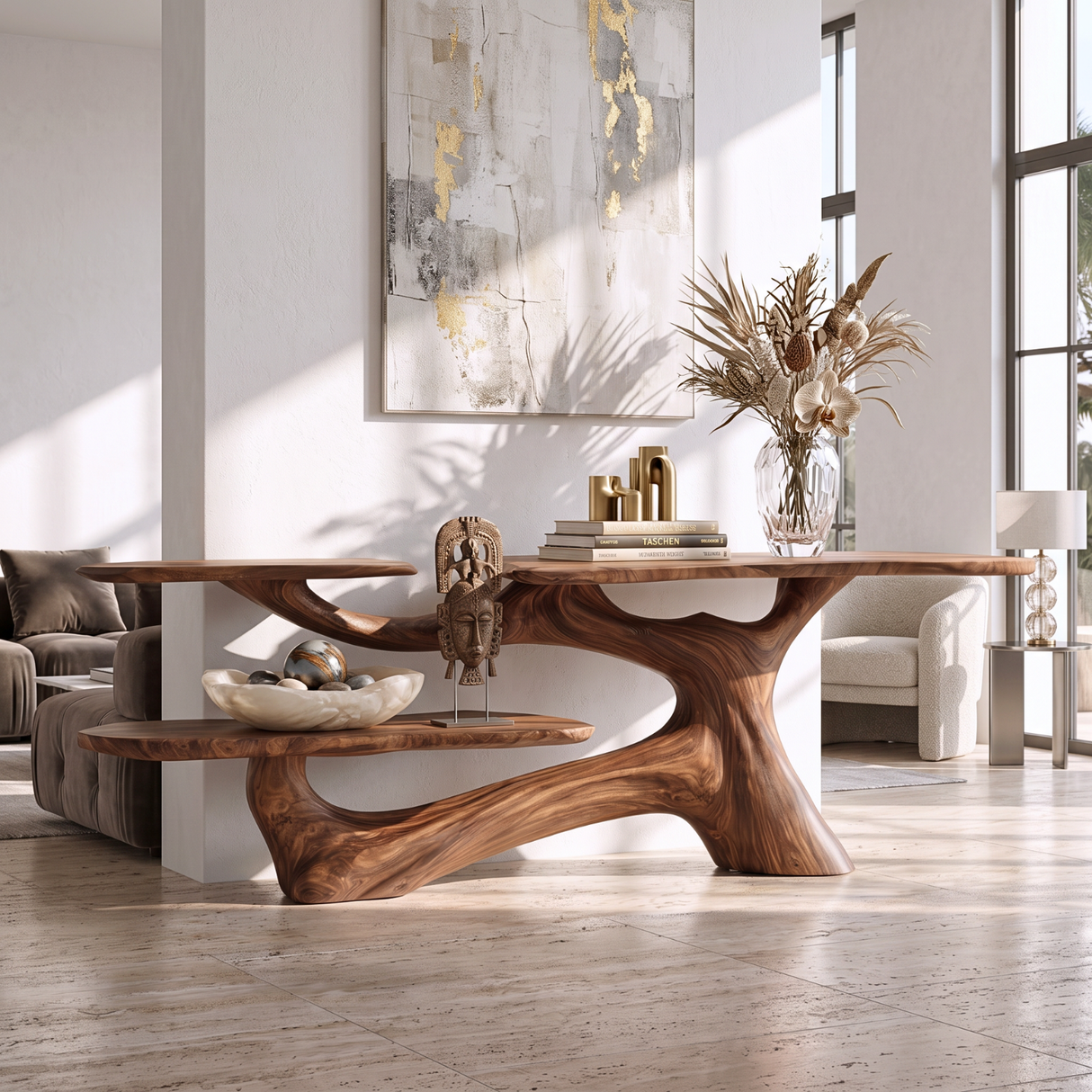 Console Table Solid Wood with Organic Multi Level Shelf Base for Entryway Decor