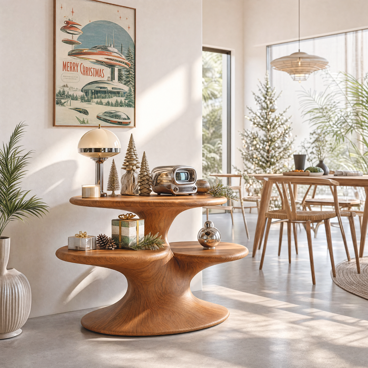 Sculptural Solid Wood Side Table with Three Tier Organic Shelves