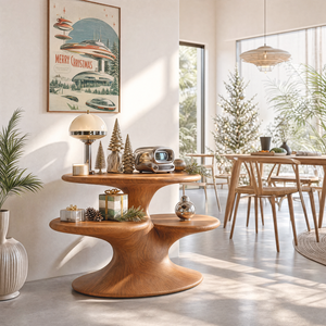 Sculptural Solid Wood Side Table with Three Tier Organic Shelves