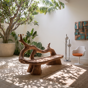 Organic Solid Wood Bench with Flowing Branch Backrest and Sculptural Base