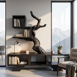 Solid Wood Sculptural Bookshelf with Tree Form Organic Modern Display Shelf Storage Unit
