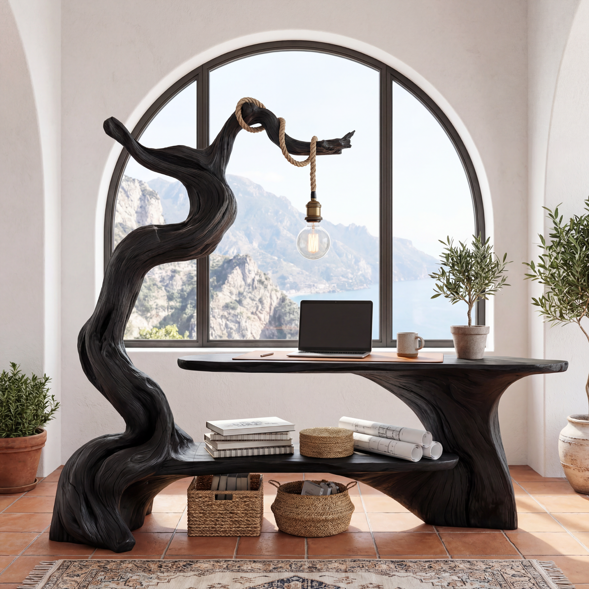 Sculptural Solid Wood Desk with Integrated Hanging Lamp and Shelf, Artistic Reading Nook Furniture