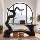 Sculptural Solid Wood Desk with Integrated Hanging Lamp and Shelf, Artistic Reading Nook Furniture