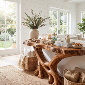 Rustic Solid Wood Console Table with Sculptural Crossed Branch Base