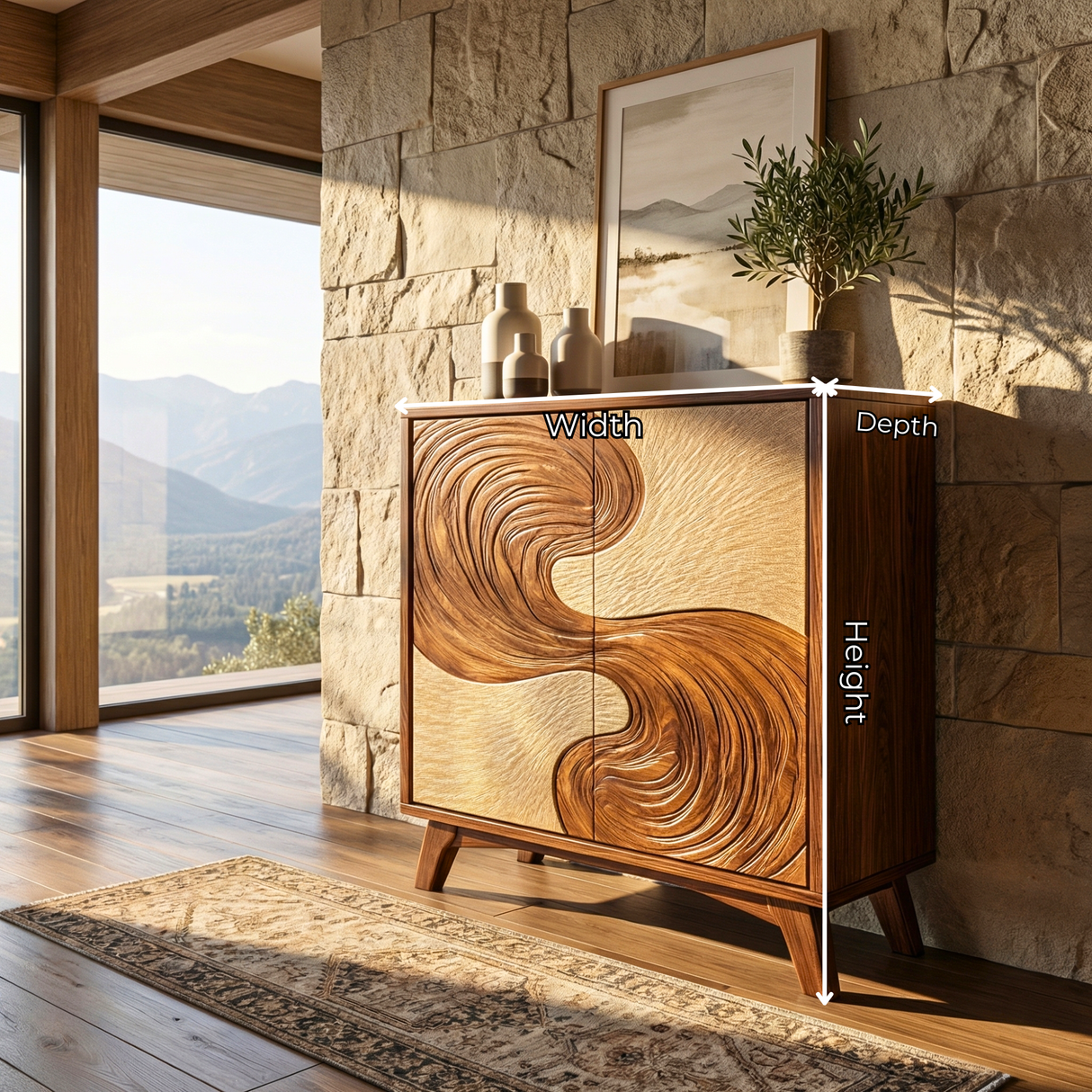 Solid Wood Sideboard with Flowing Wave Sculptural Doors for Modern Interiors