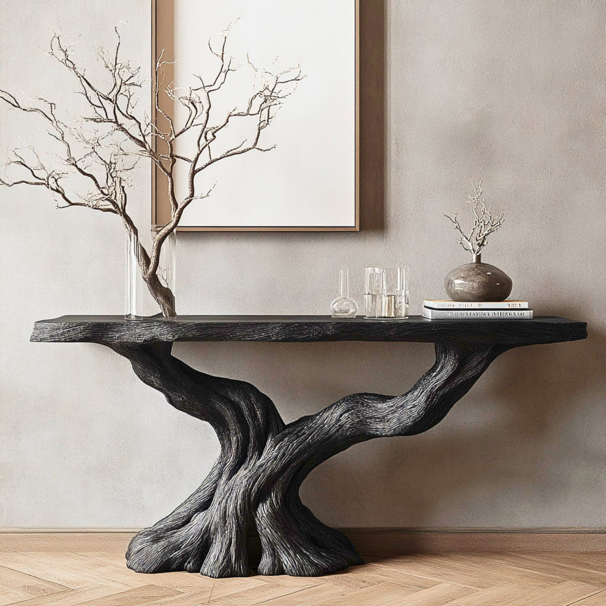 Sculptural Wood Console Table with Tree Form Base