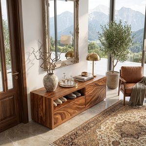 Shoe Cabinet Solid Wood with Open Display Shelf and Enclosed Storage