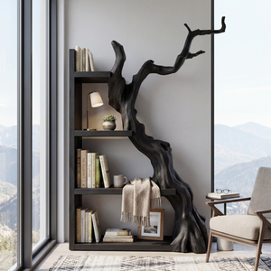 Vertical Solid Wood Bookshelf with Sculptural Tree Form Organic Modern Display Shelf