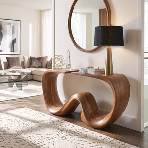 Console Table Solid Wood with Sculptural Twin Wave Base for Entryway Decor