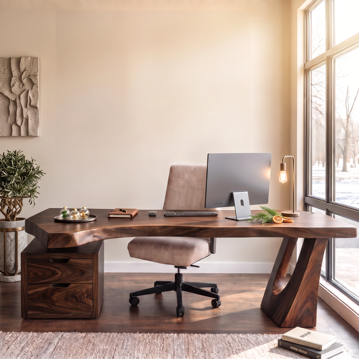 Sculptural Solid Wood Desk With Drawer Cabinet For Home Office