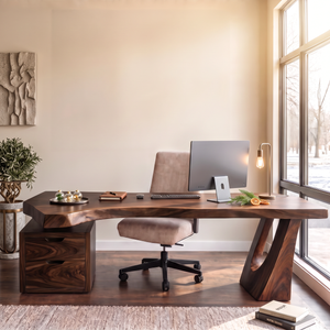 Sculptural Solid Wood Desk With Drawer Cabinet For Home Office