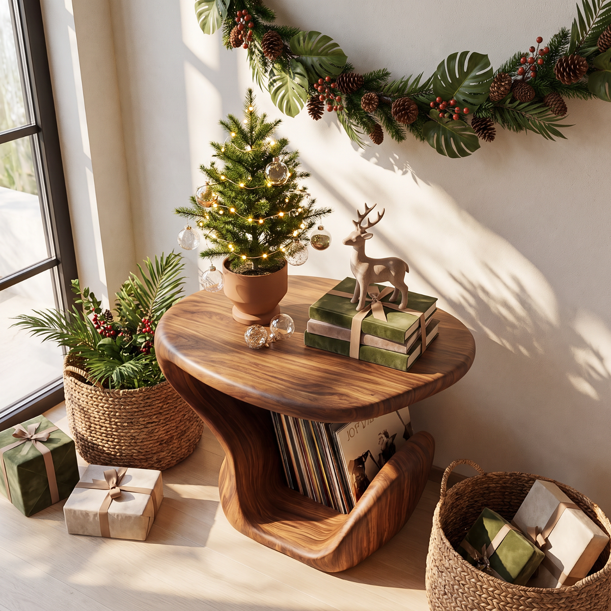 Sculptural Solid Wood Side Table with Curved Vinyl Record Storage