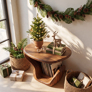 Sculptural Solid Wood Side Table with Curved Vinyl Record Storage