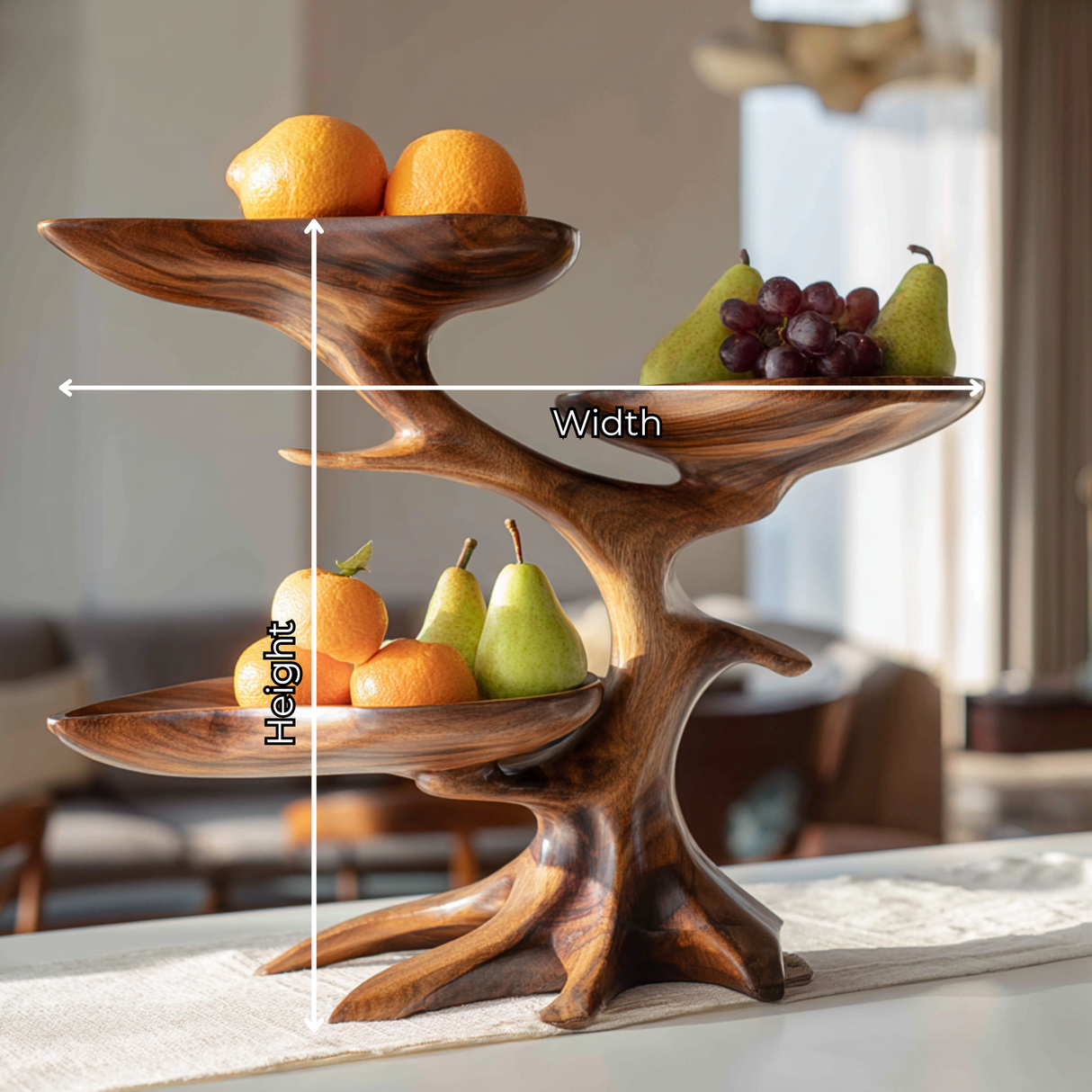 Solid Wood Three-Bowl Fruit Centerpiece with Flowing Branch Stand