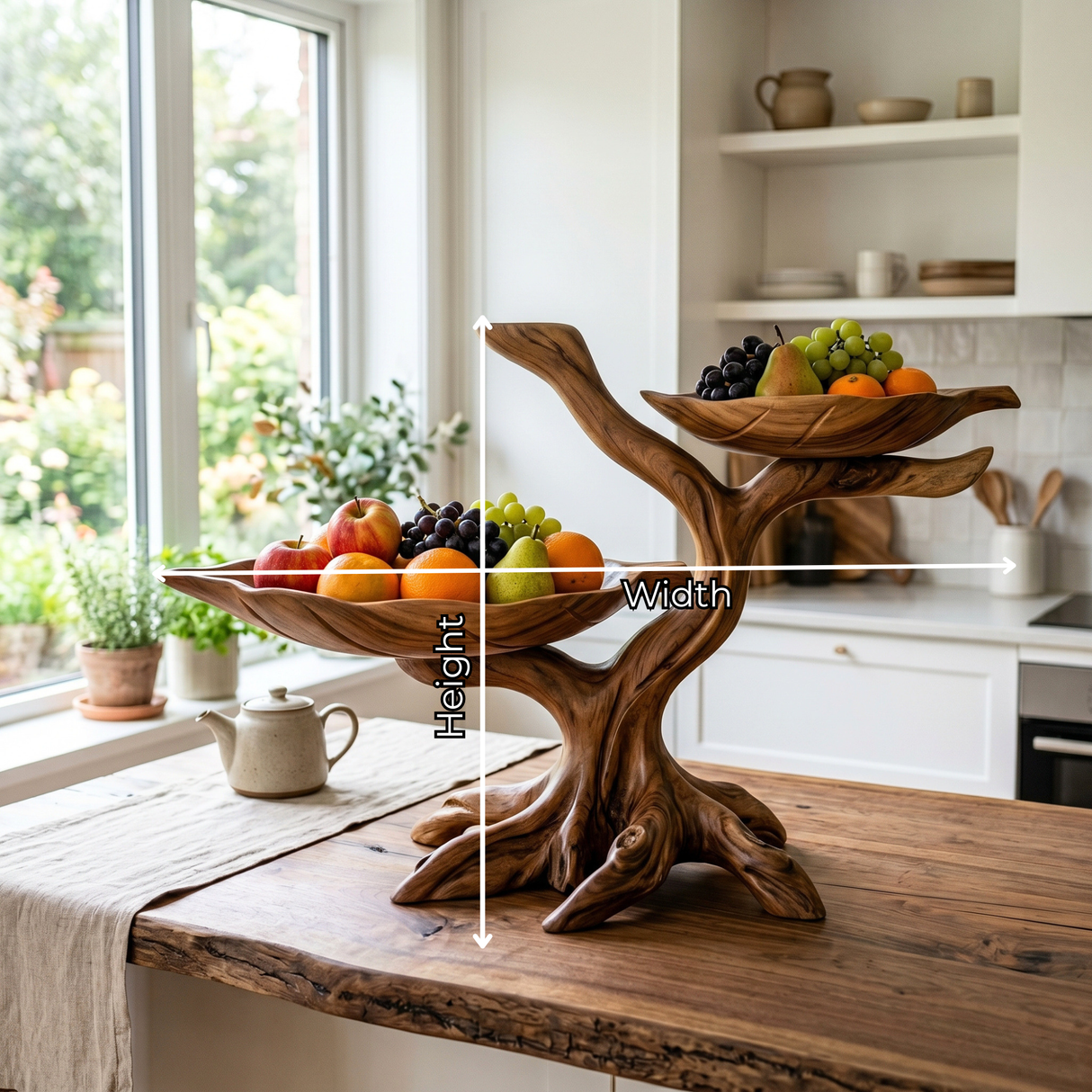 Solid Wood Two-Level Fruit Bowl Centerpiece with Organic Branch Sculpture Base