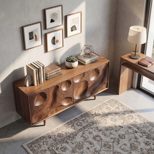 Solid Wood Sideboard with Hand Carved Crater Front
