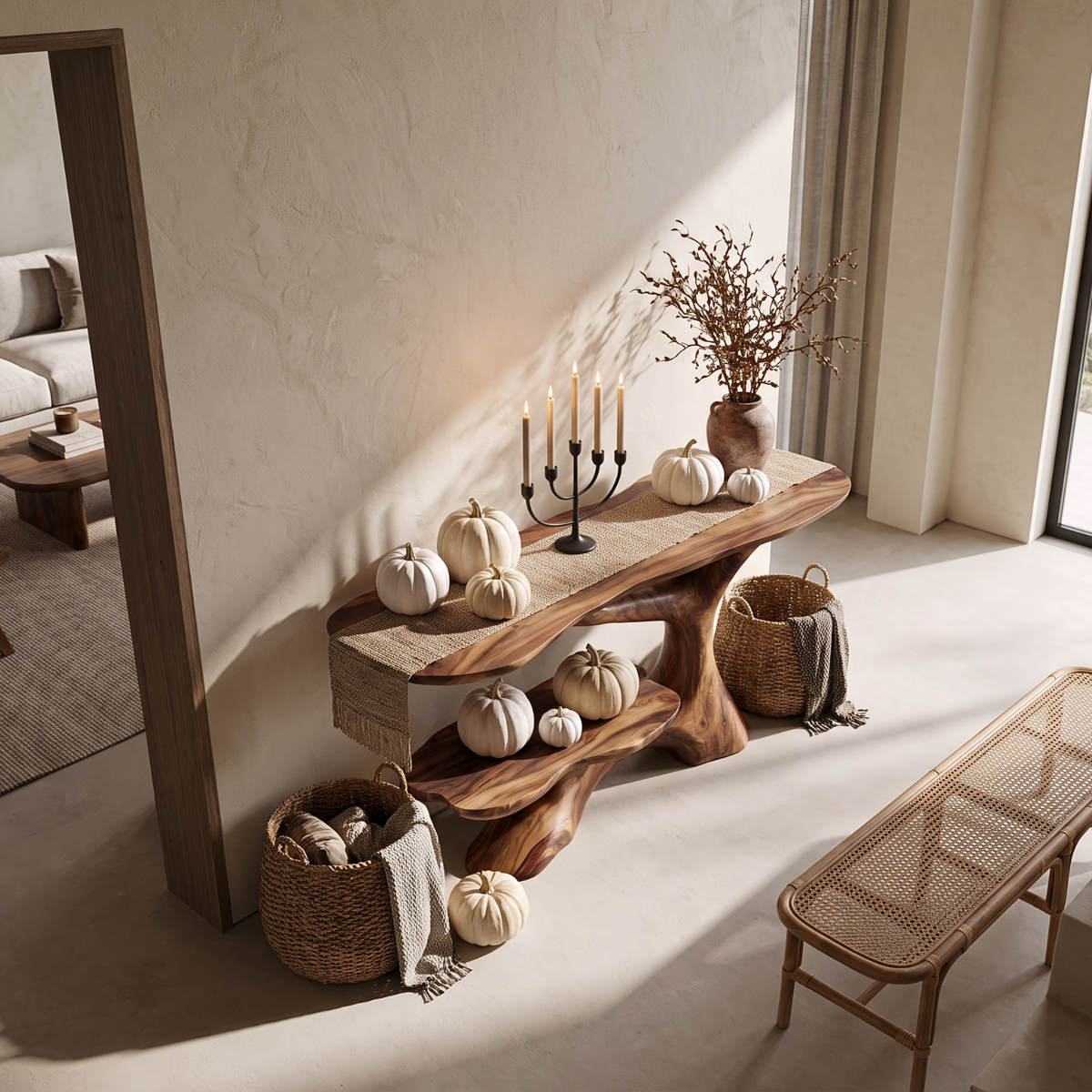 Handcrafted Solid Wood Console Table with Sculptural Branch Base and Floating Shelf