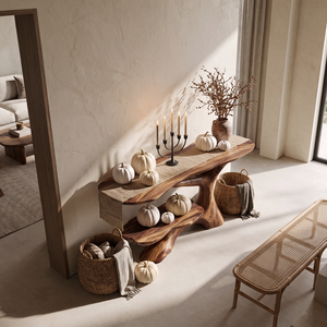 Handcrafted Solid Wood Console Table with Sculptural Branch Base and Floating Shelf