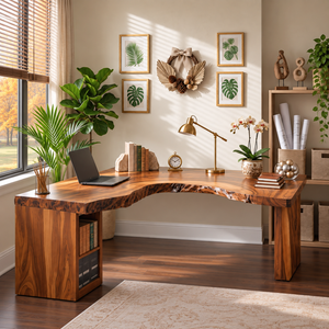 Live Edge Solid Wood L Shaped Desk with Built In Bookshelf Storage