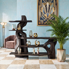 Sculptural Solid Wood Console Table with Organic Form and Tiered Display Shelves Artistic Freeform Console Table