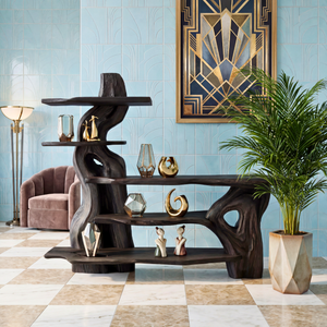 Sculptural Solid Wood Console Table with Organic Form and Tiered Display Shelves Artistic Freeform Console Table
