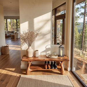 Organic Solid Wood Shoe Bench with Sculptural Legs and Open Shelf