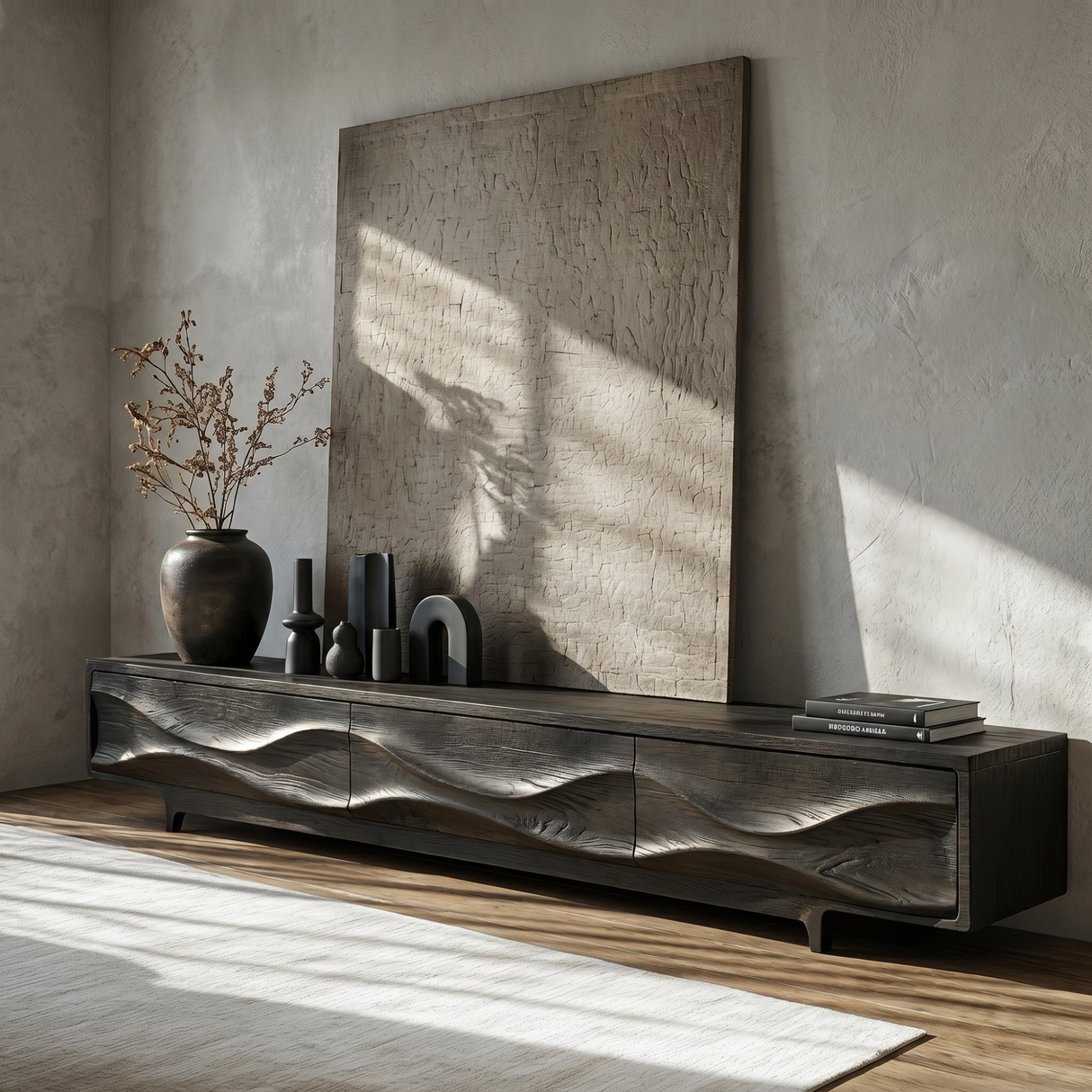 Solid Wood TV Console with Flowing Wave Carved Doors