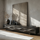 Solid Wood TV Console with Flowing Wave Carved Doors