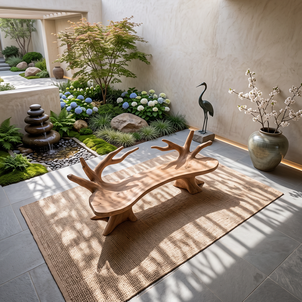 Branch Form Solid Wood Garden Bench with Sculptural Root Base