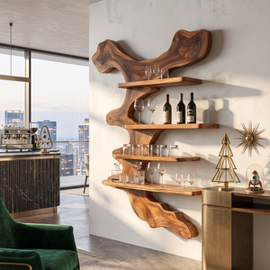 Wall Mounted Solid Wood Wine Rack with Sculptural Tree Form Shelves