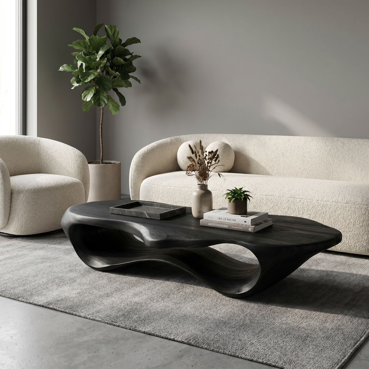 Handcrafted Organic Solid Wood Coffee Table with Continuous Hollow Wave Base