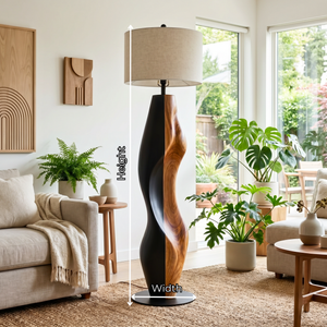 Sculptural Wood Floor Lamp with Organic Two-Tone Base and Fabric Drum Shade