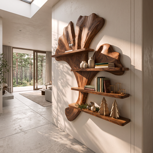 Ginkgo Leaf Solid Wood Wall Shelf with Sculptural Branch Display Design