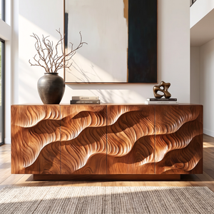 Sideboard Solid Wood with Sculptural Layered Dune Carved Doors for Living Room