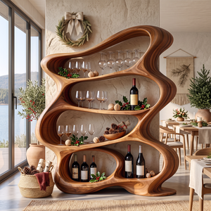 Handcrafted Solid Wood Wine Rack Cabinet with Flowing Open Shelves
