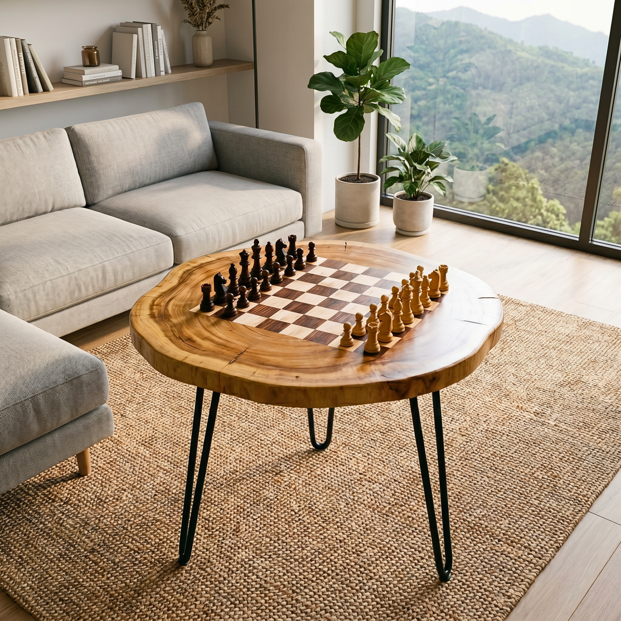 Handcrafted Solid Wood Chess Coffee Table with Organic Round Top and Hairpin Legs