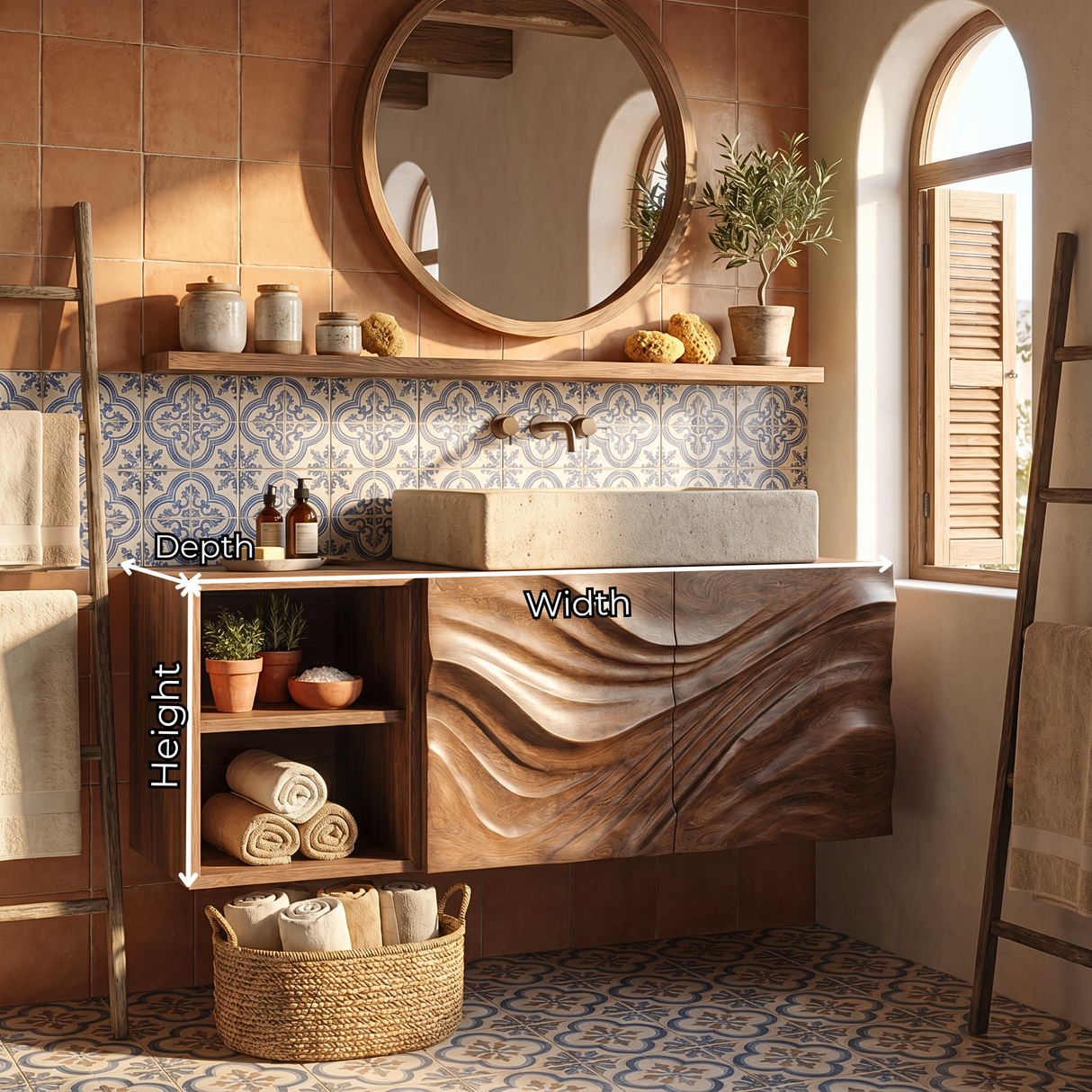 Flow Carved Solid Wood Floating Vanity Cabinet with Organic Wave Texture