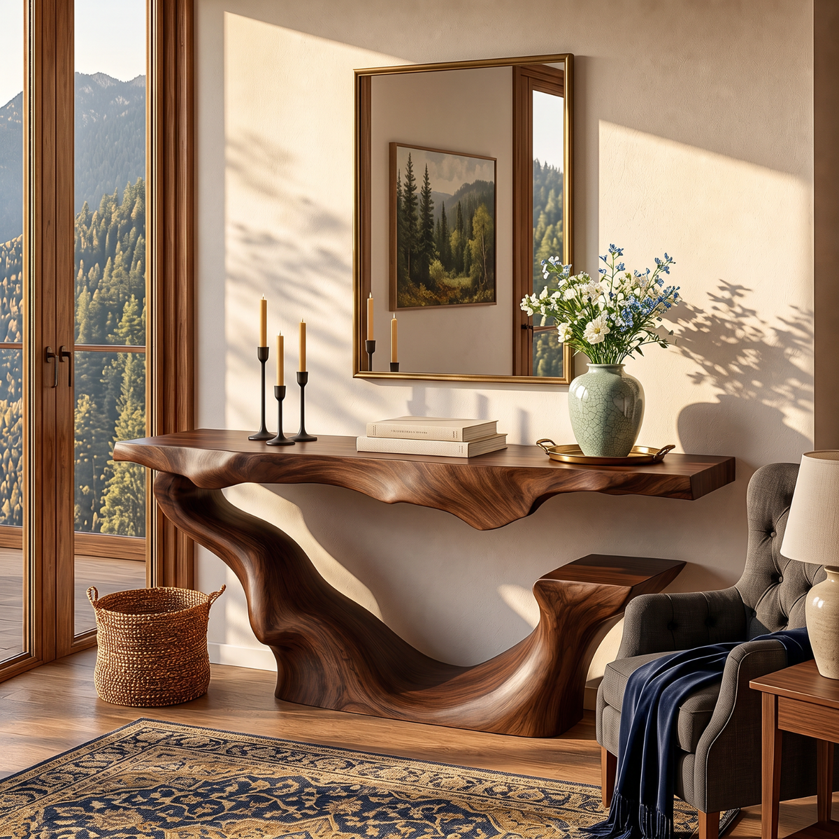 Organic Solid Wood Console Table with Sculptural Floating Curve Base
