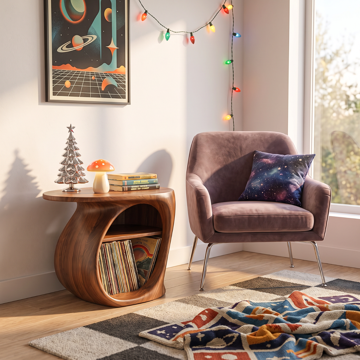 Organic Solid Wood Side Table with Open Shelf and Vinyl Record Storage