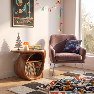 Organic Solid Wood Side Table with Open Shelf and Vinyl Record Storage