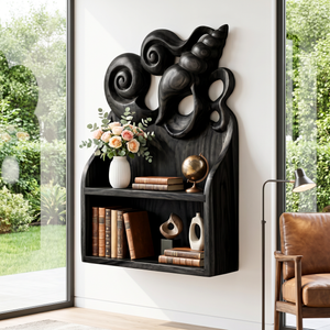 Seashell Carved Wood Wall Shelf for Bathroom Storage