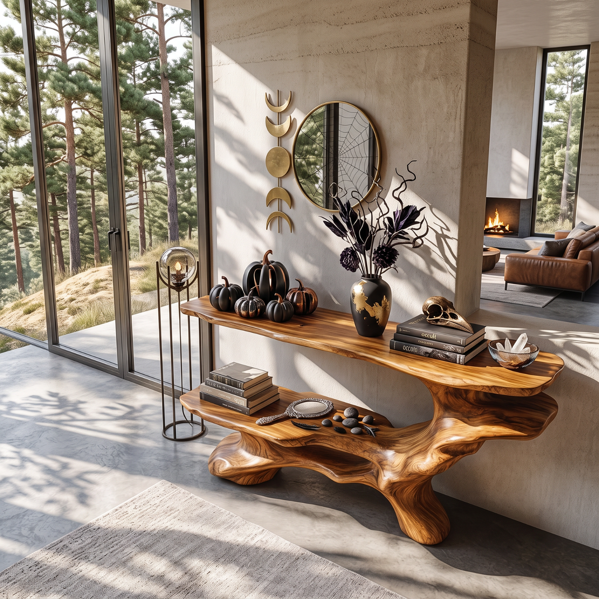 Artistic Solid Wood Console Table with Tiered Shelves and Flowing Branch Base